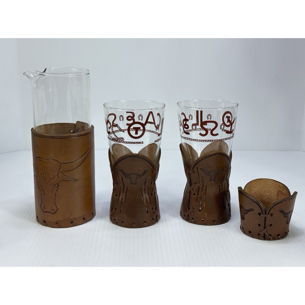 VTG Libbey Bamco Western Ranch Longhorn Leather‎ 2 Pilsner Glass Martini Pitcher